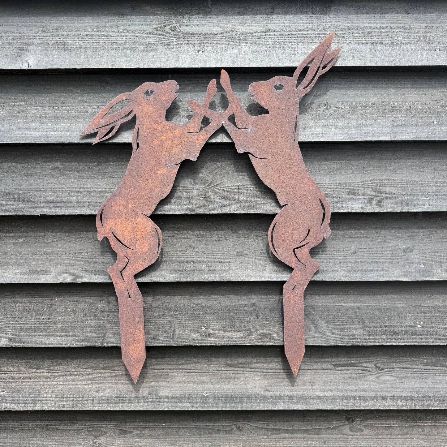 Rusty Metal Boxing Hares Garden Ornament