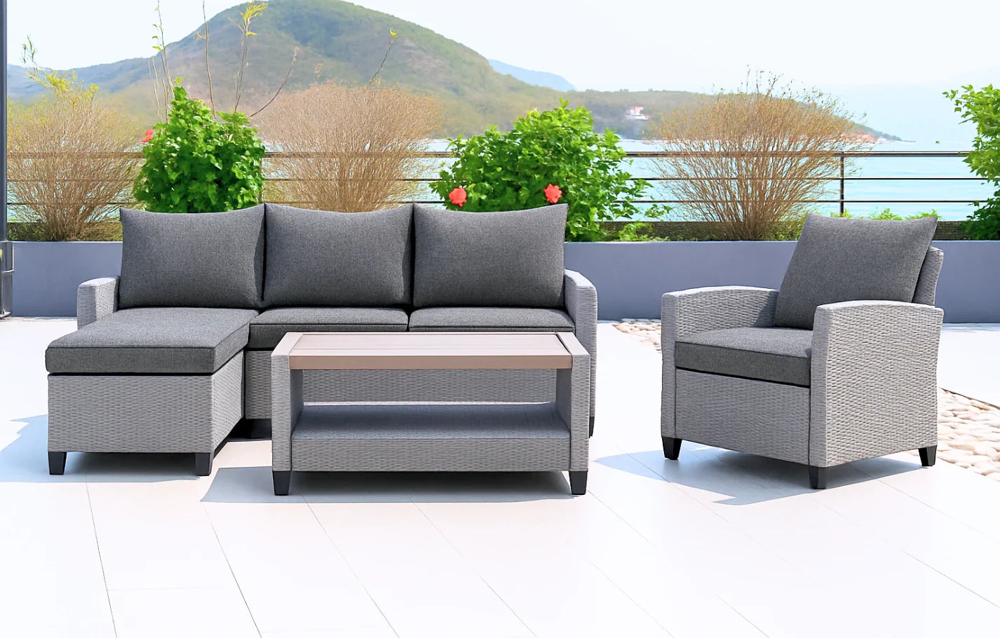 Stockholm Rattan Grey 4 Seater Garden Chaise Lounge & Armchair Set