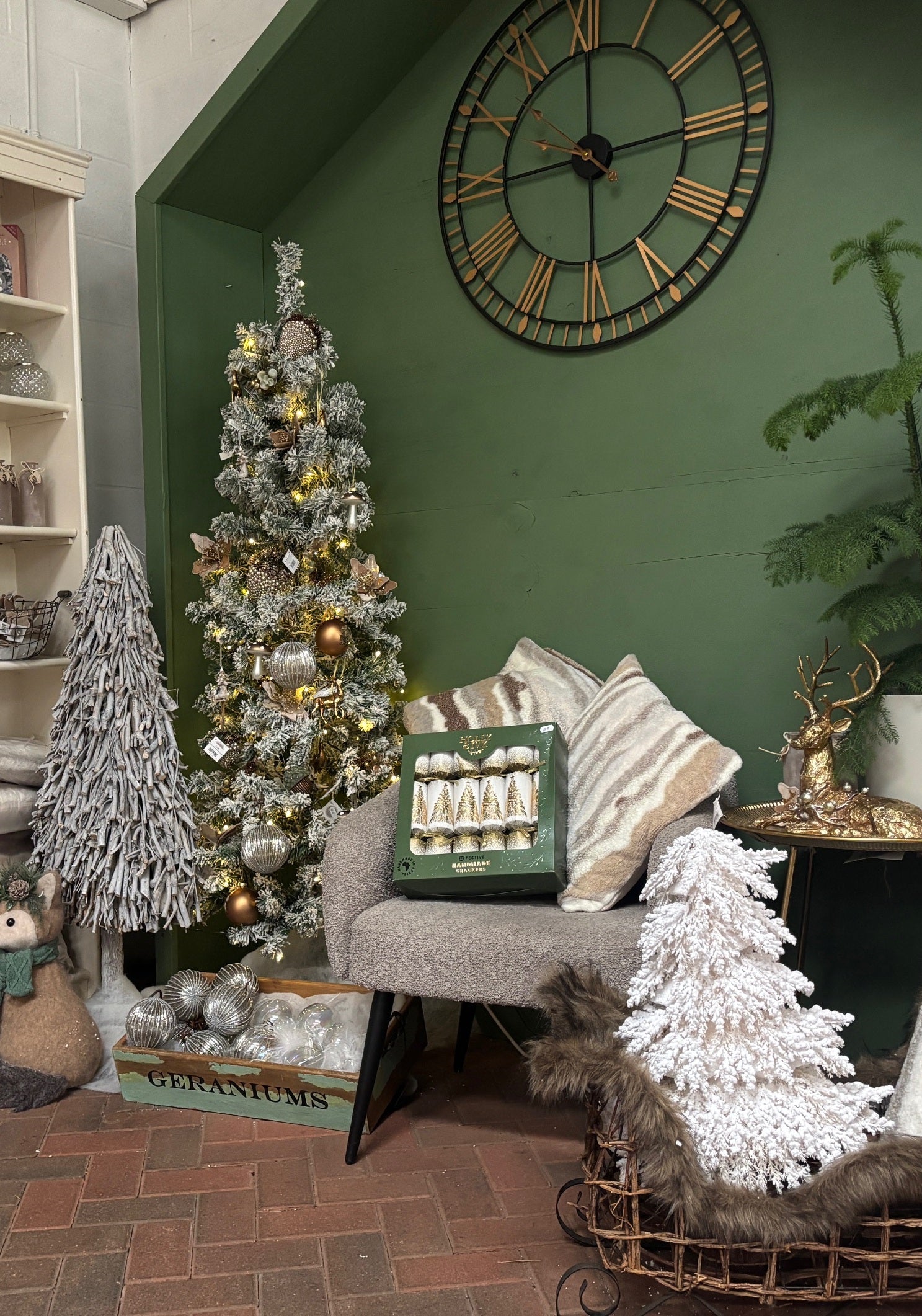 Cozy living room decor,  decorated Christmas tree, at sturmer garden centre